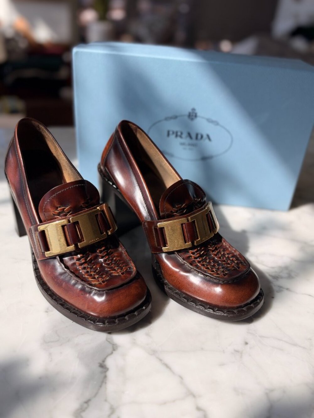 PRADA Leather Woven Heeled Loafers Gold Buckle w/ Box - Picture 5 of 8